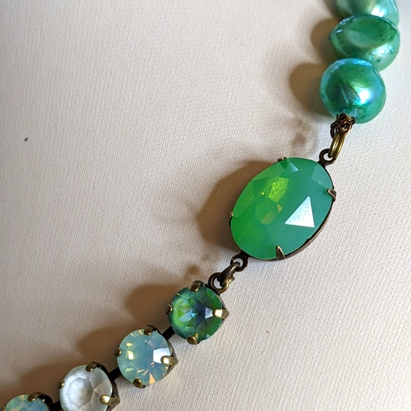 Mint Green Opal Swarovski Crystal and Baroque Pearl Statement Necklace in Brass - Picture 3 of 9
